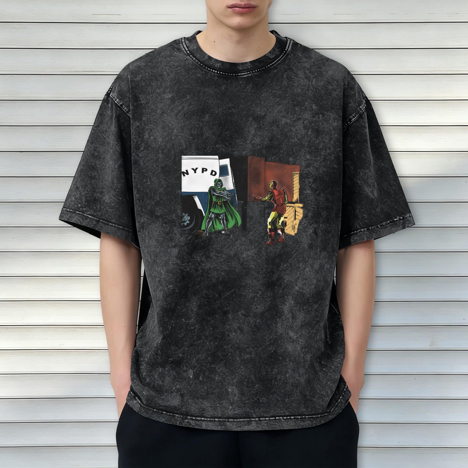 Oversized Acid Wash Graphic T-shirt with Comic Superhero Print