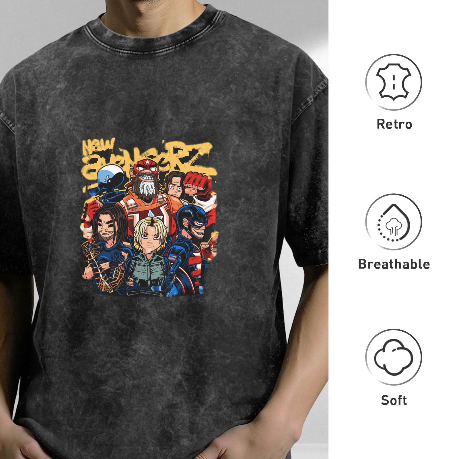 Washed Black T-Shirt With New Avengerz Superhero Group Artwork