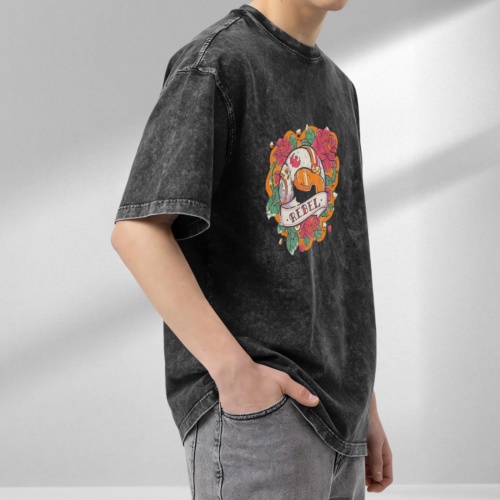 Washed Black Rebel Droid Rose Graphic T-Shirt