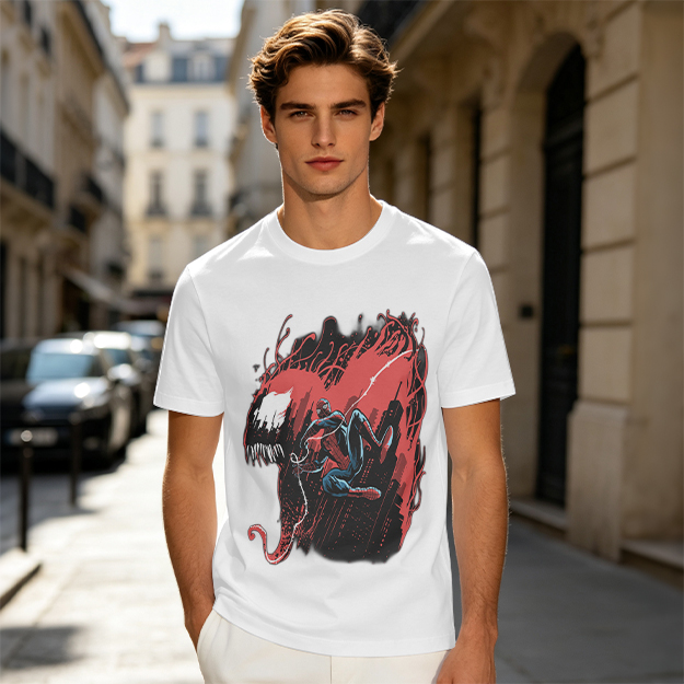 Olive T-shirt with Spider-Man and Symbiote Villain Graphic