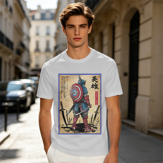 Olive T-shirt with Samurai Captain America Hero Art Print