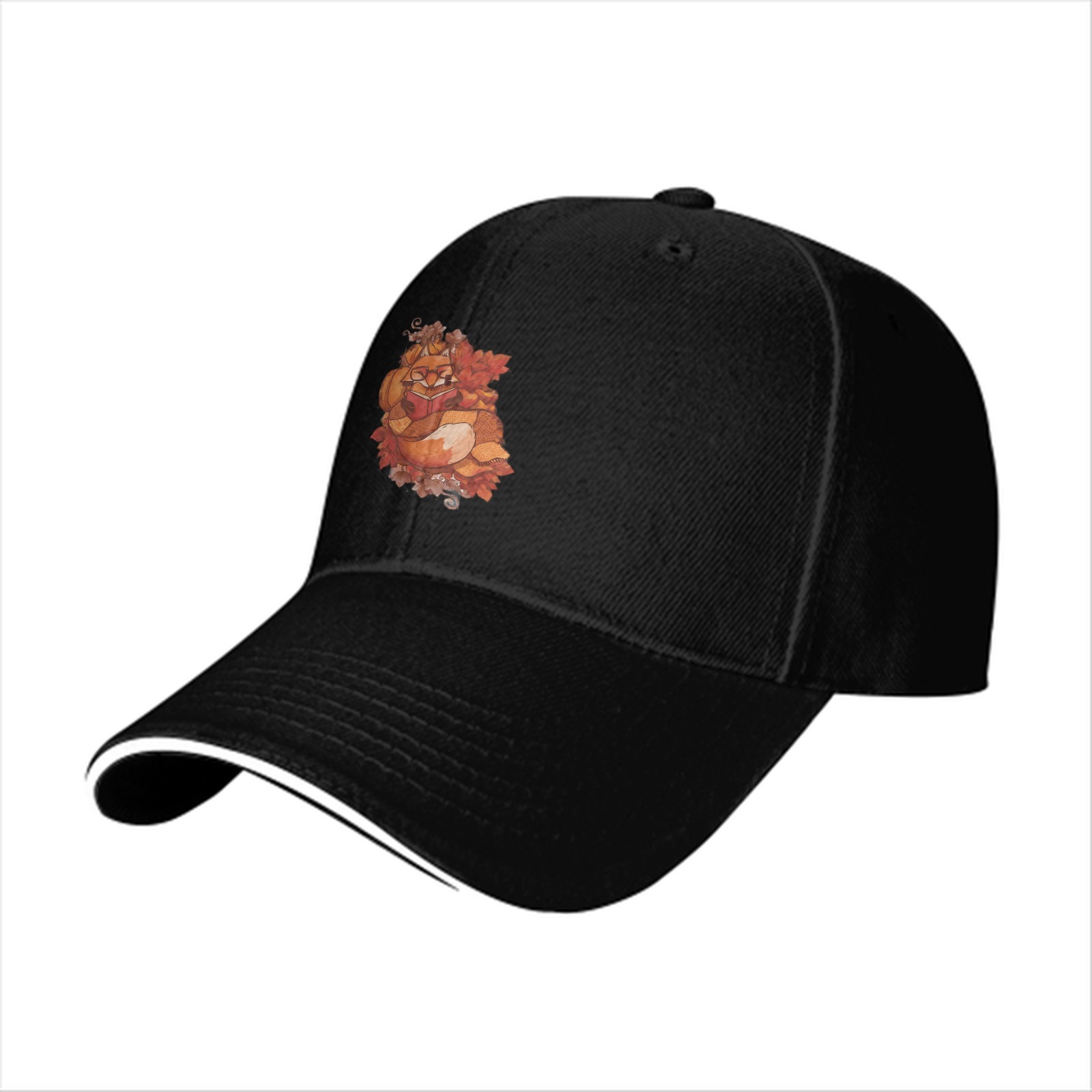 Black Baseball Cap with Autumn Fox and Pumpkin Graphic
