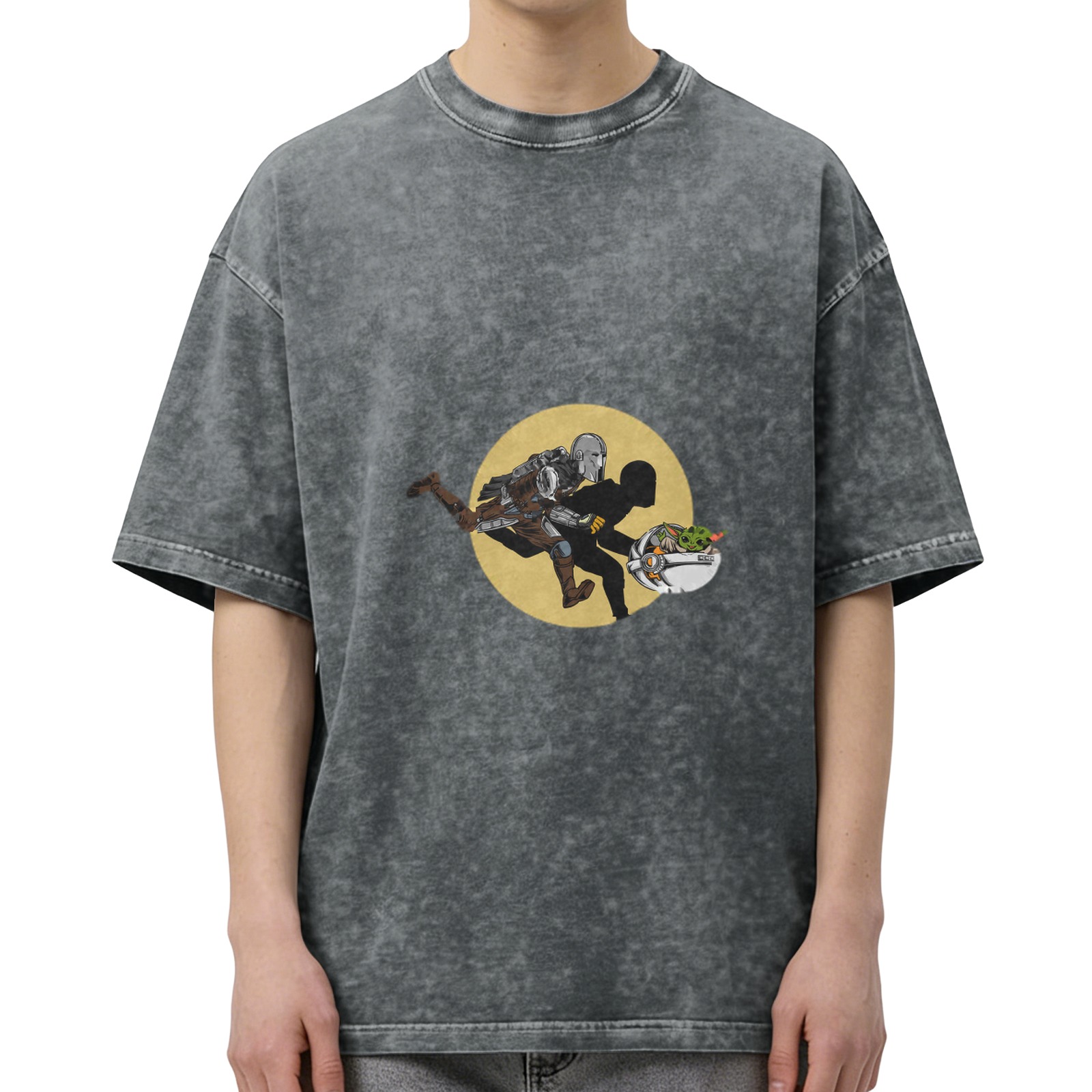 Washed black graphic t-shirt with Star Wars Mandalorian and Grogu design
