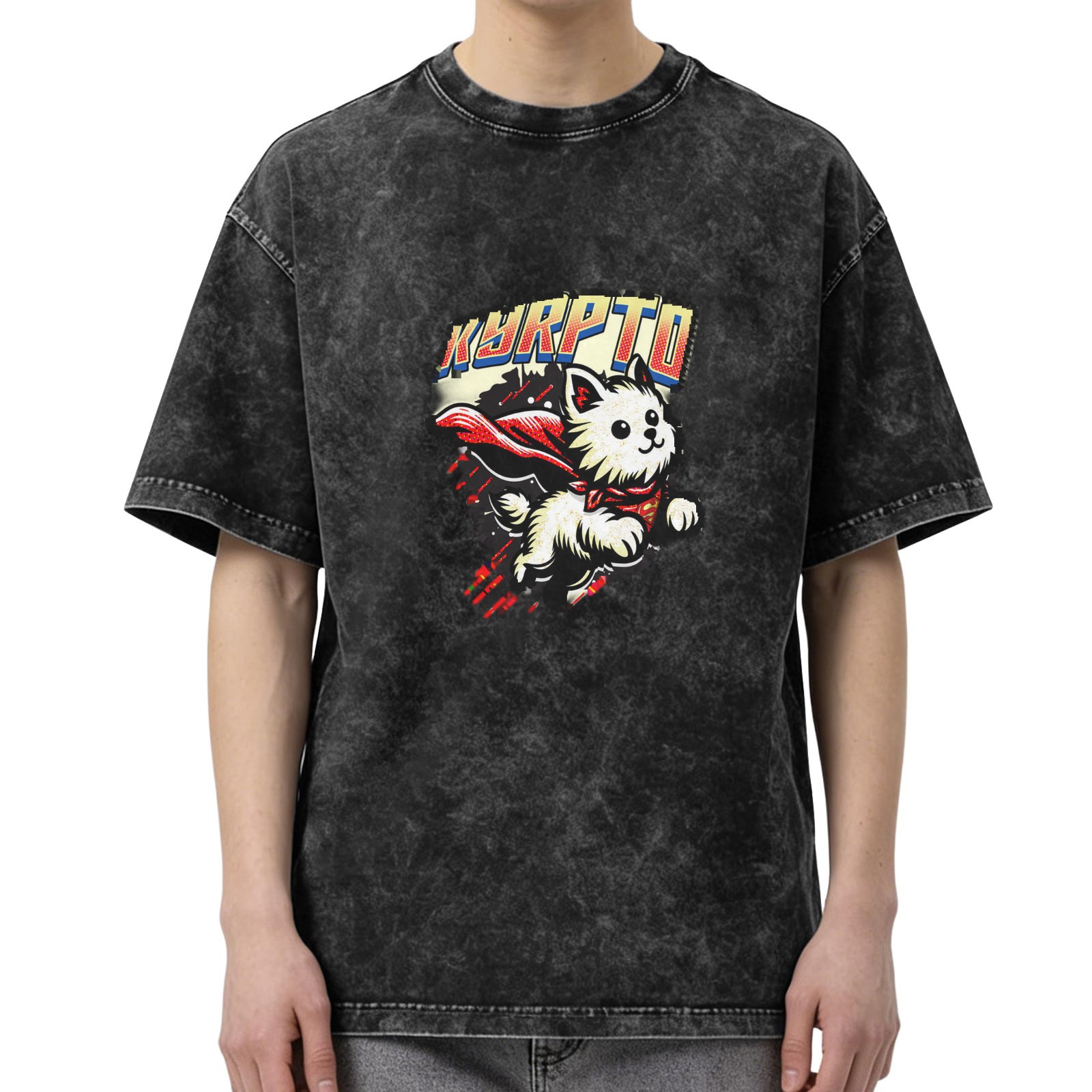 Washed Black Oversized T-Shirt with Superhero Flying Puppy Graphic