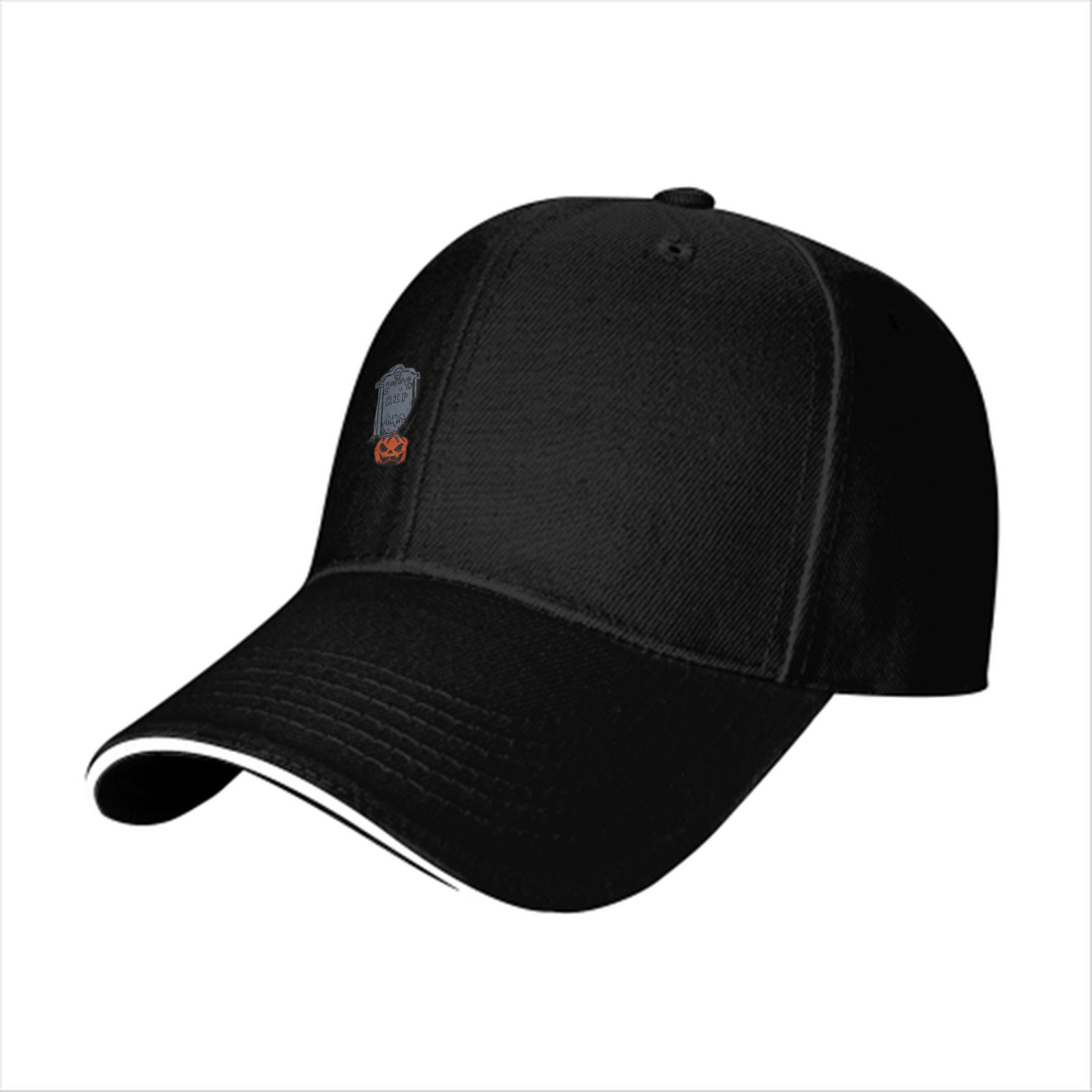 Black Baseball Cap with Halloween Tombstone and Jack-o'-lantern Graphic