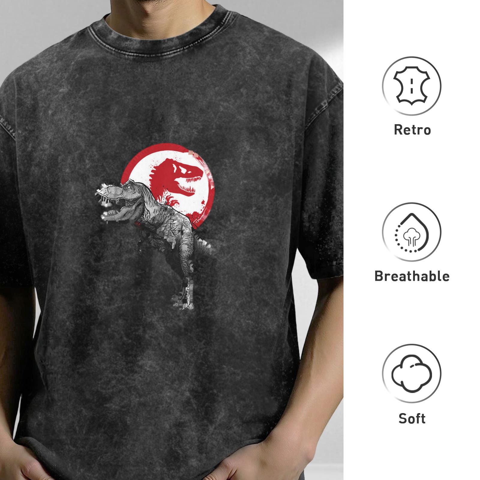 Washed Black Oversized T-Shirt with T-Rex Dinosaur Graphic