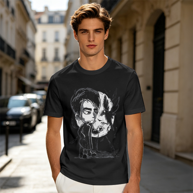 Olive T-Shirt with Chibi Dark Character and Crow Print
