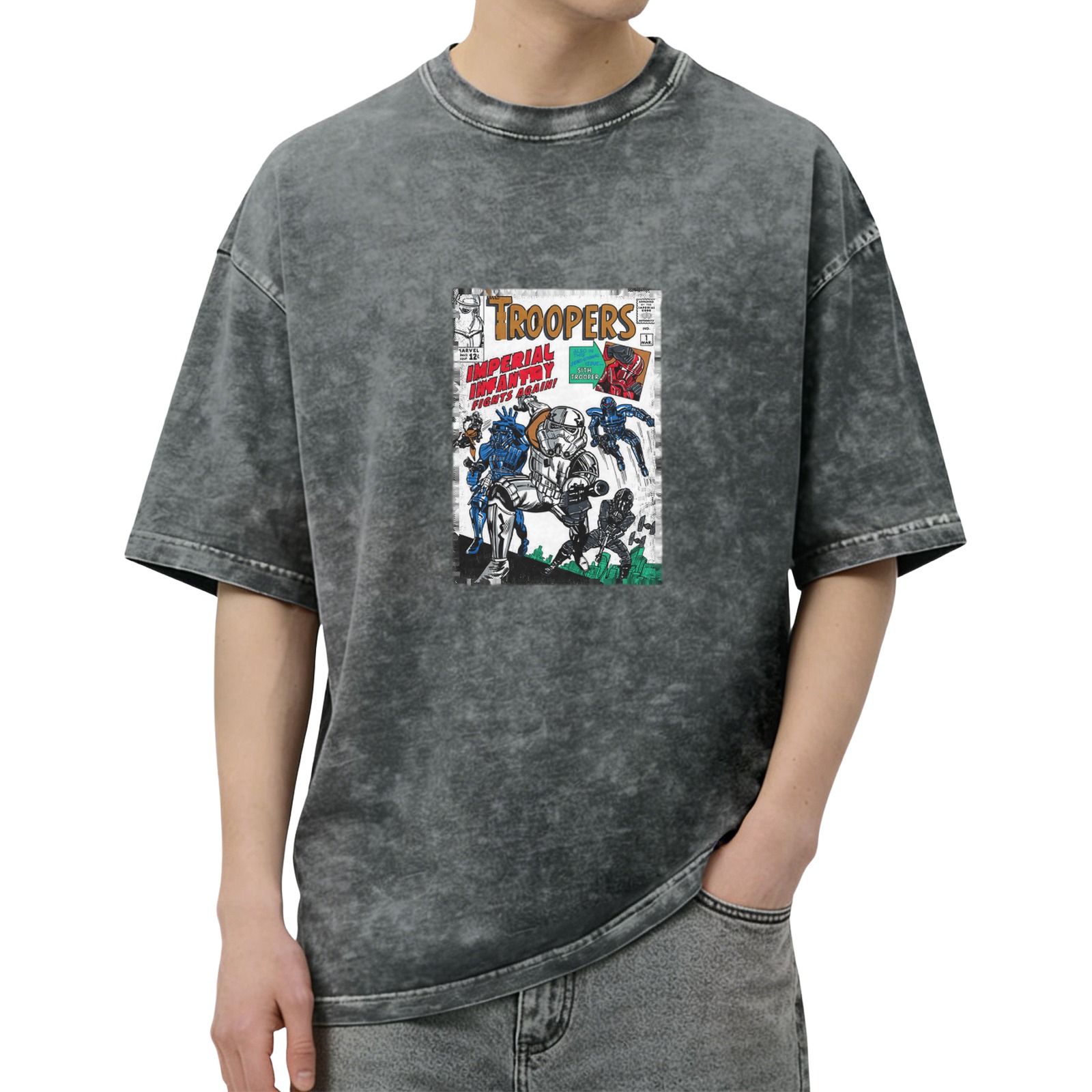 Washed Black T-Shirt with Retro Troopers Imperial Infantry Comic Print