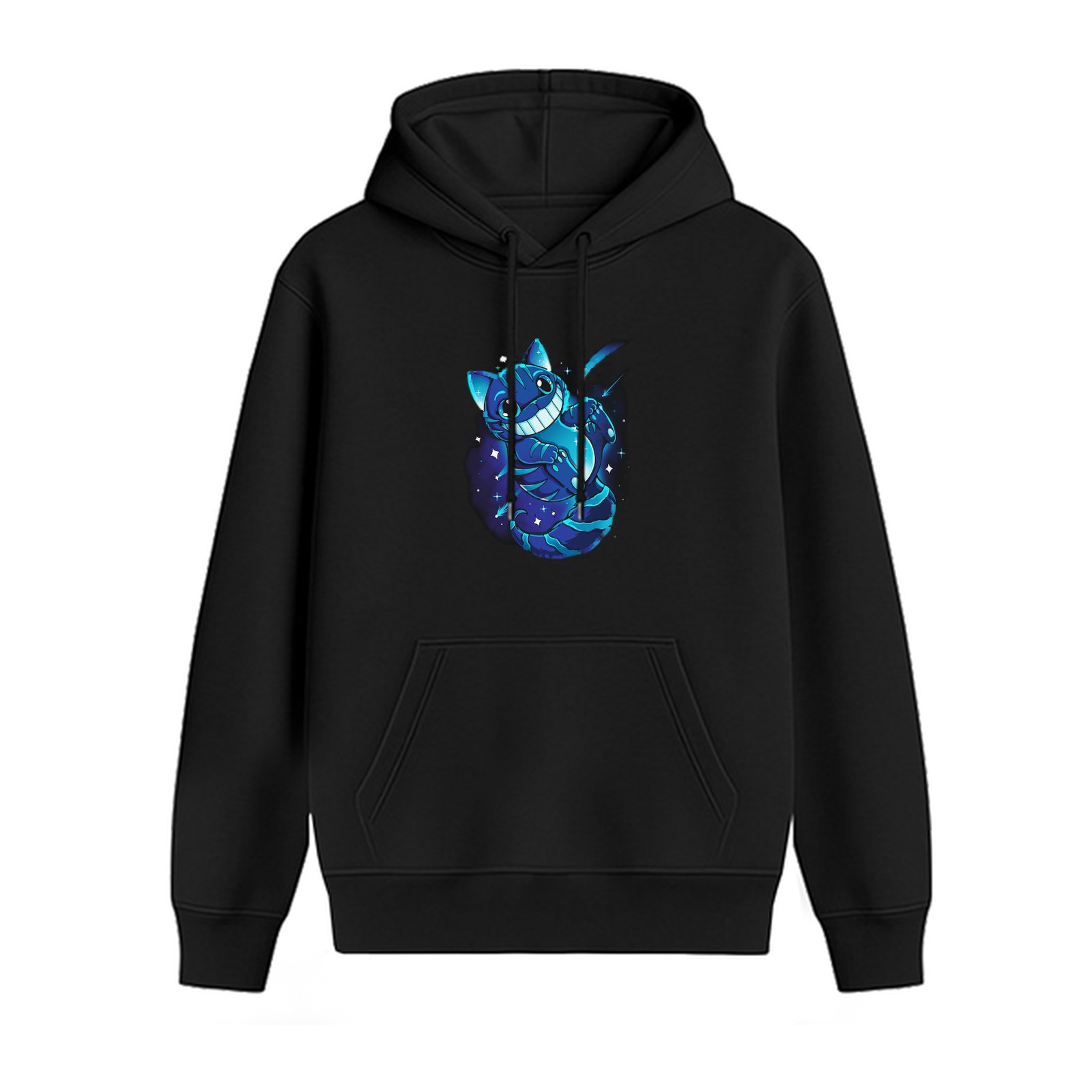 Black hoodie with glowing blue cheshire cat graphic