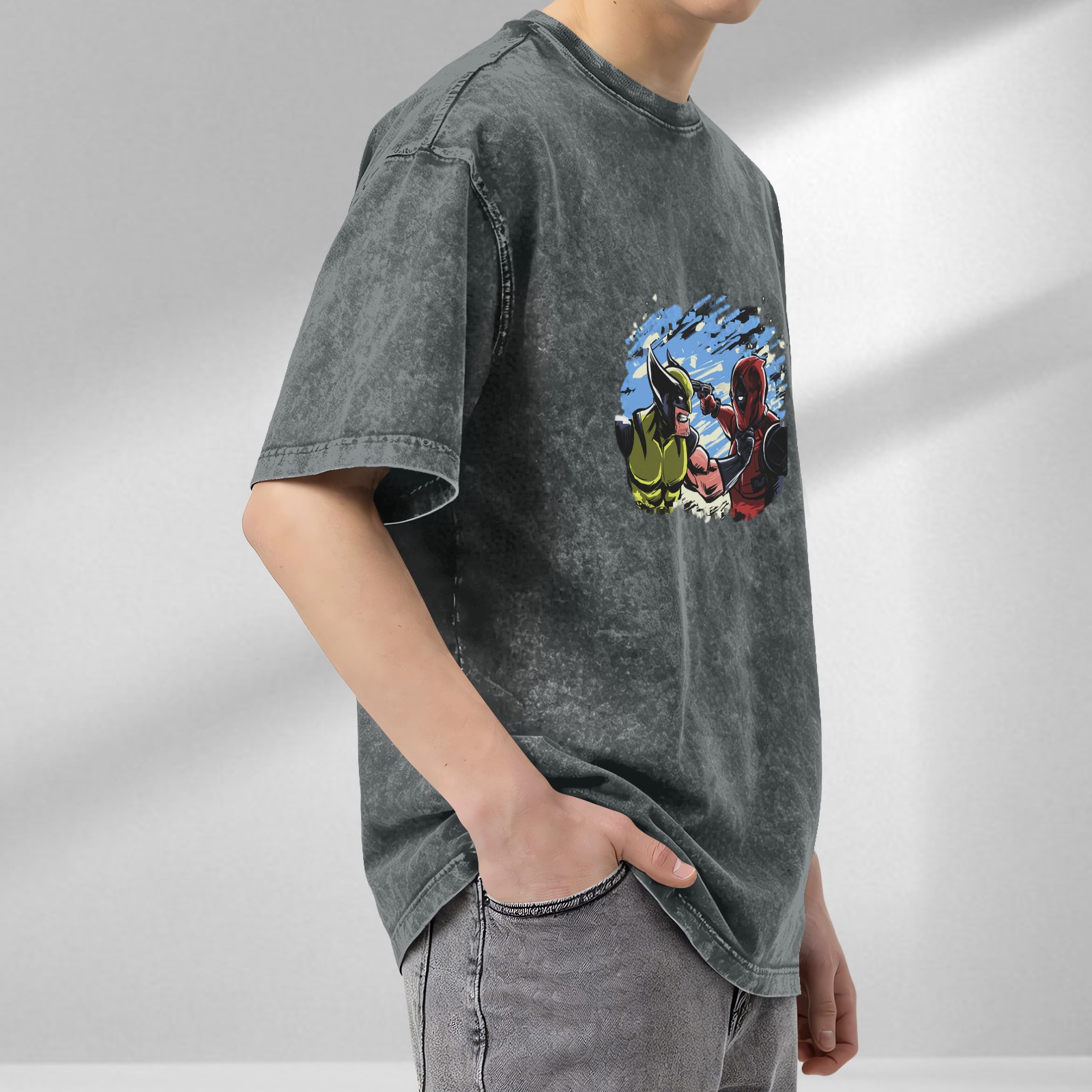 Wolverine and Deadpool Graphic Print Dark Wash T-Shirt