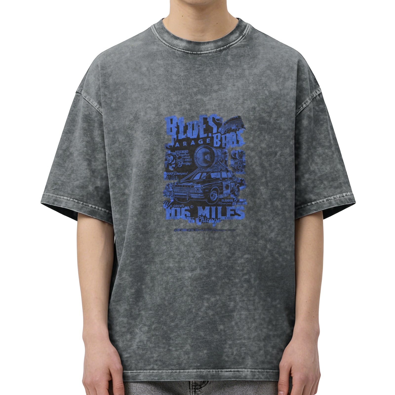 Washed Black T-Shirt with Blues Bros Garage 106 Miles Chicago Graphic