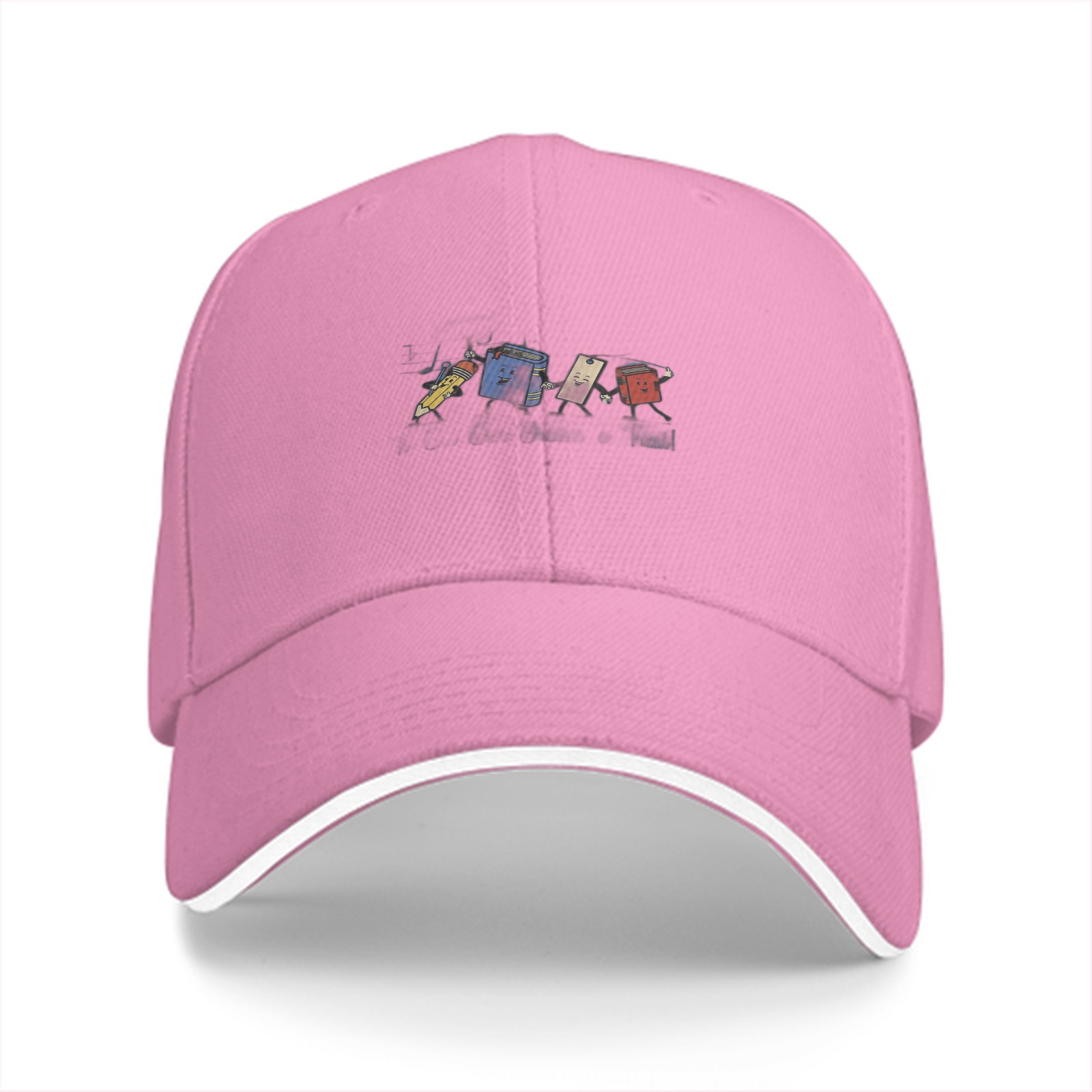 Black baseball cap with cartoon trash can character print