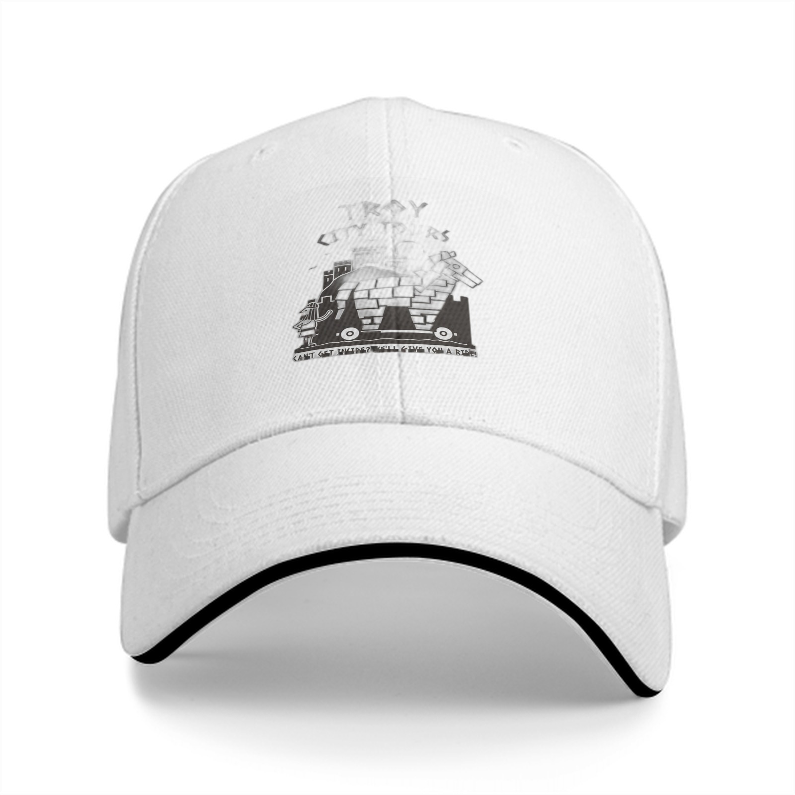 Black baseball cap with monochrome graphic print on front