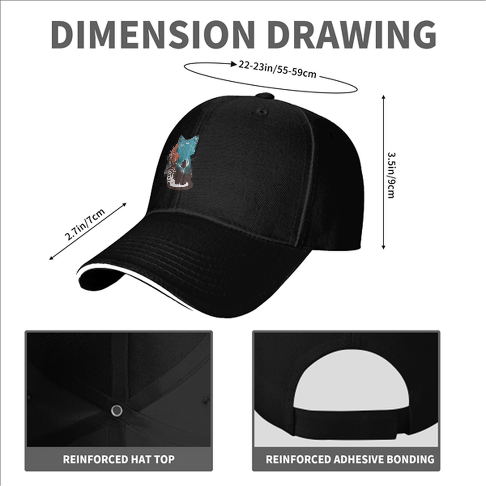 Black baseball cap with artistic cat graphic design