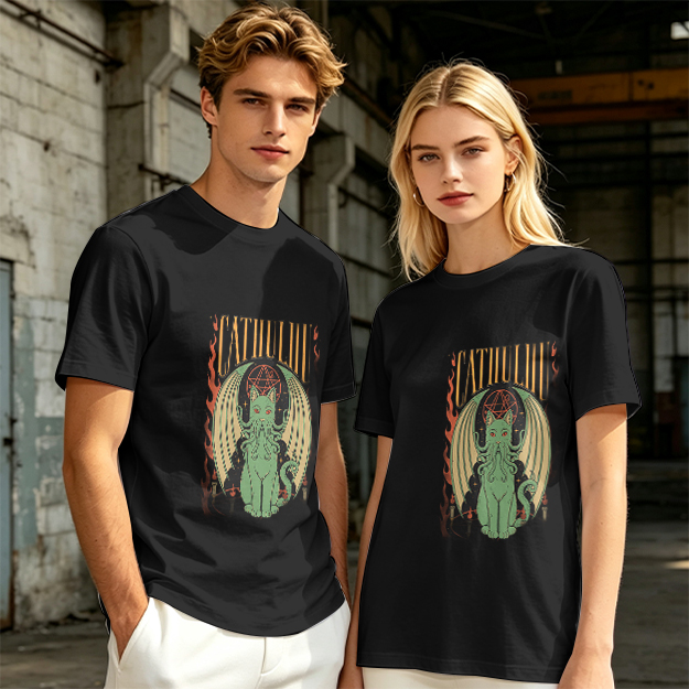 Olive T-shirt with Cthulhu Cat Graphic Print