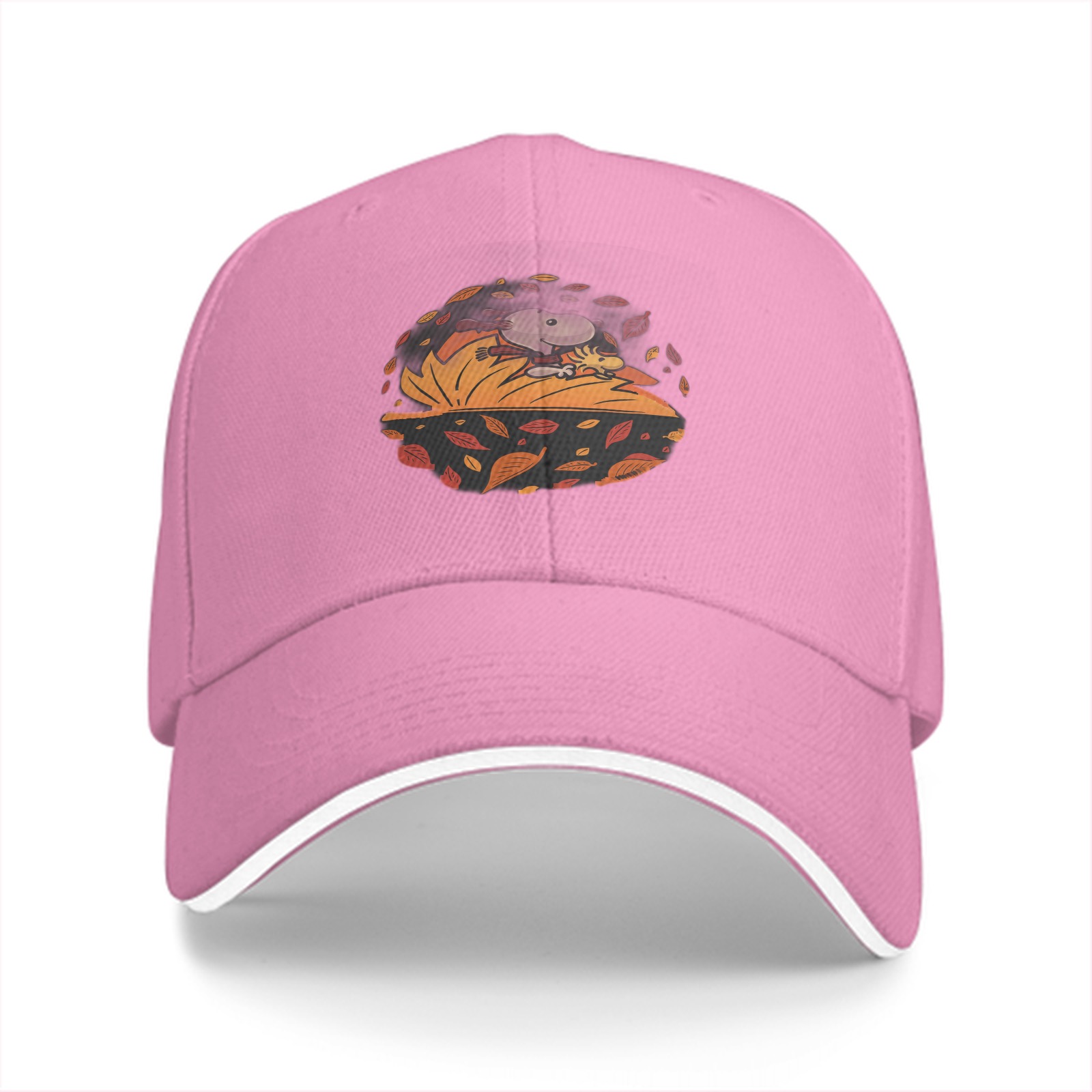 Black baseball cap with autumn leaf and character graphic