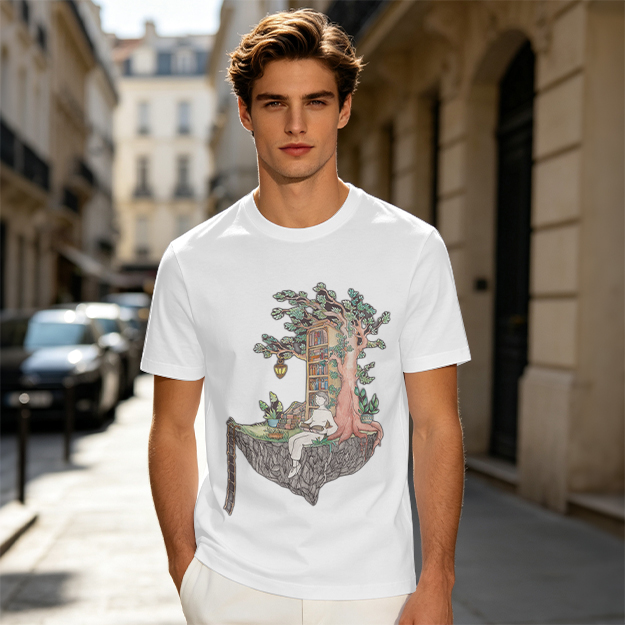 Olive t-shirt with whimsical floating treehouse reading scene print