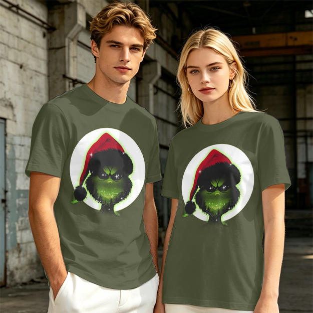 Olive Green T-Shirt With Grinch Wearing Santa Hat Graphic