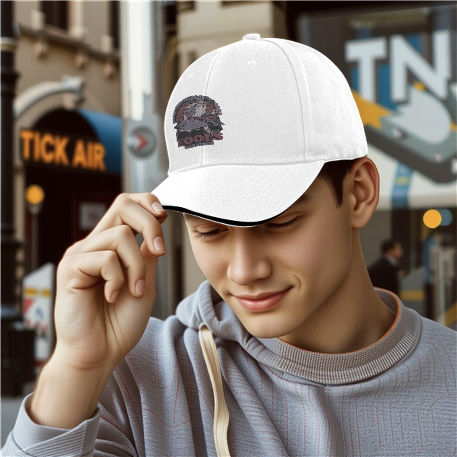 Black baseball cap with 'Fools Marathon' wizard graphic print
