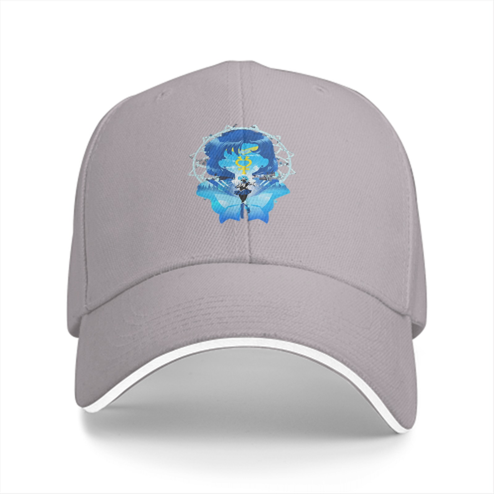 Black Baseball Cap With Blue Anime Character Art Print