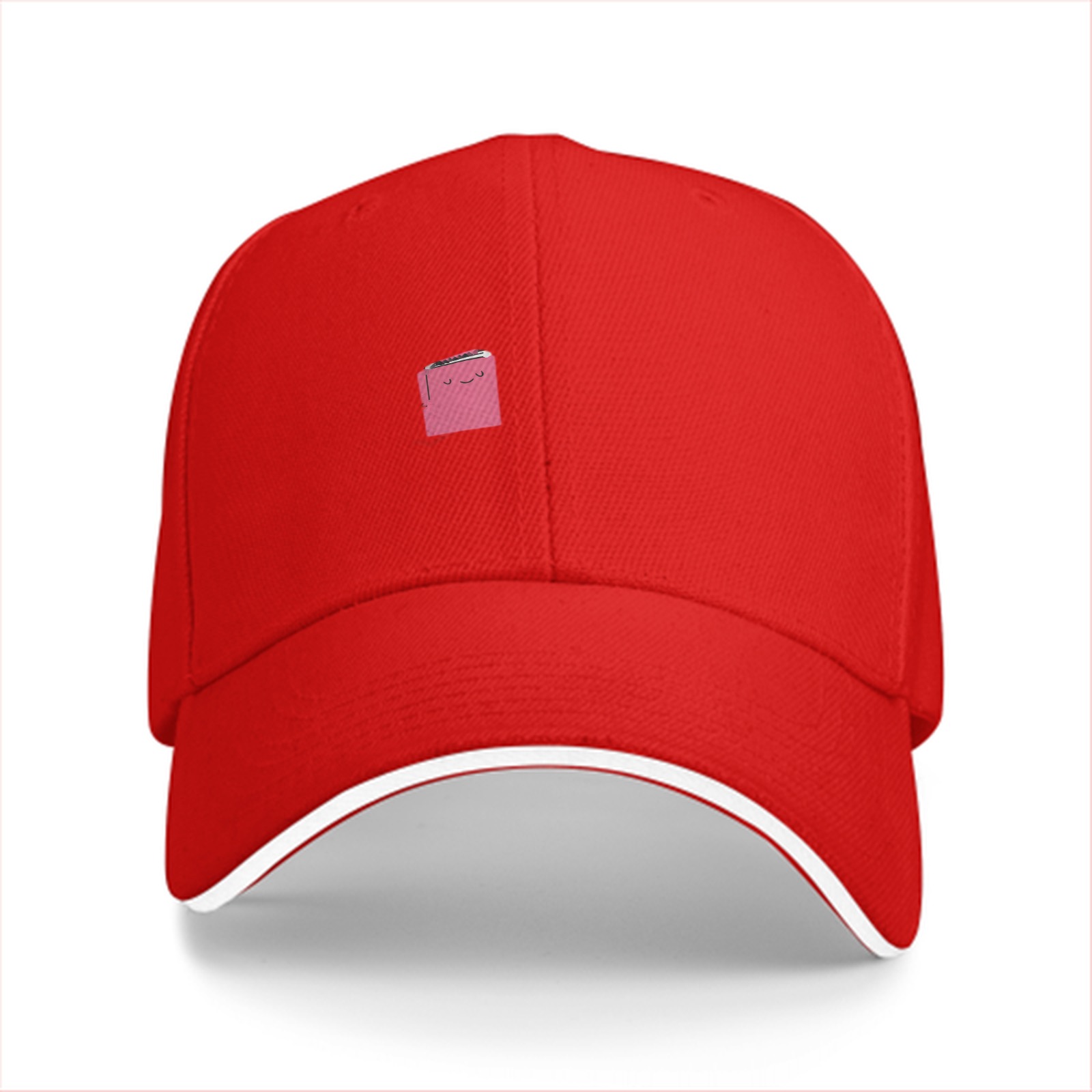 Black Baseball Cap With Small Pink Square Smiley Graphic