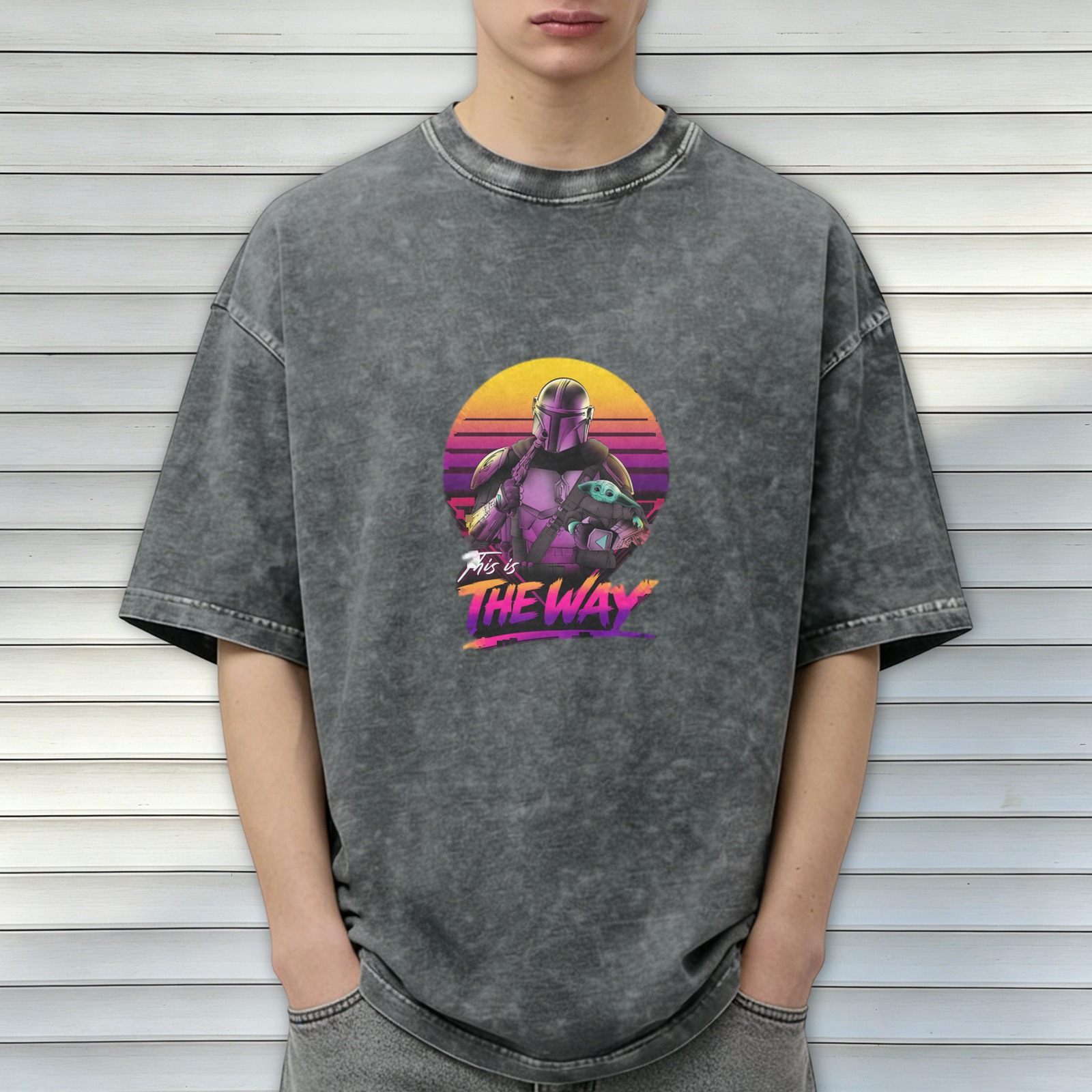 Washed Cotton T-Shirt with Mandalorian This Is The Way Synthwave Print