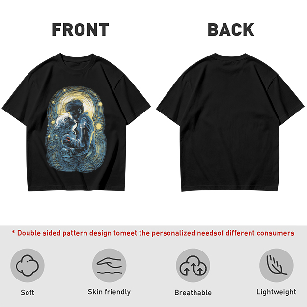 Olive T-Shirt With Starry Night Style Embracing Couple Art