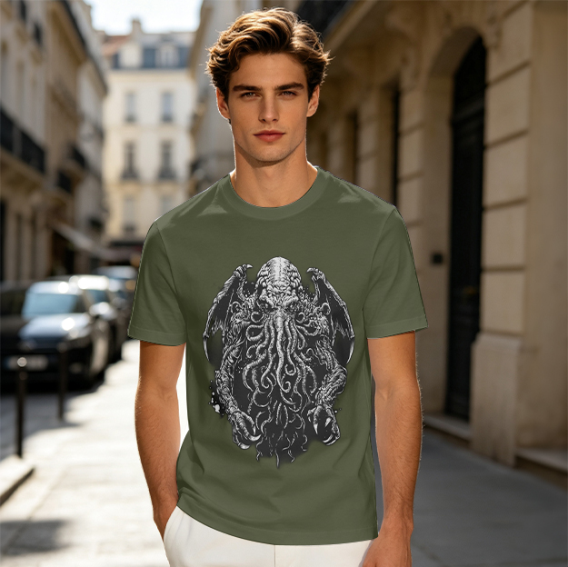 Olive Green T-Shirt with Cthulhu Monster Graphic Print