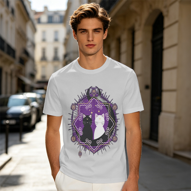 Olive T-Shirt With Celestial Black And White Cat Graphic