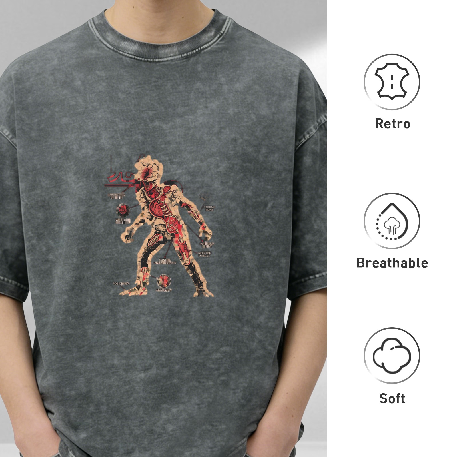 Oversized Acid Wash T-Shirt with Monster Anatomy Graphic Print