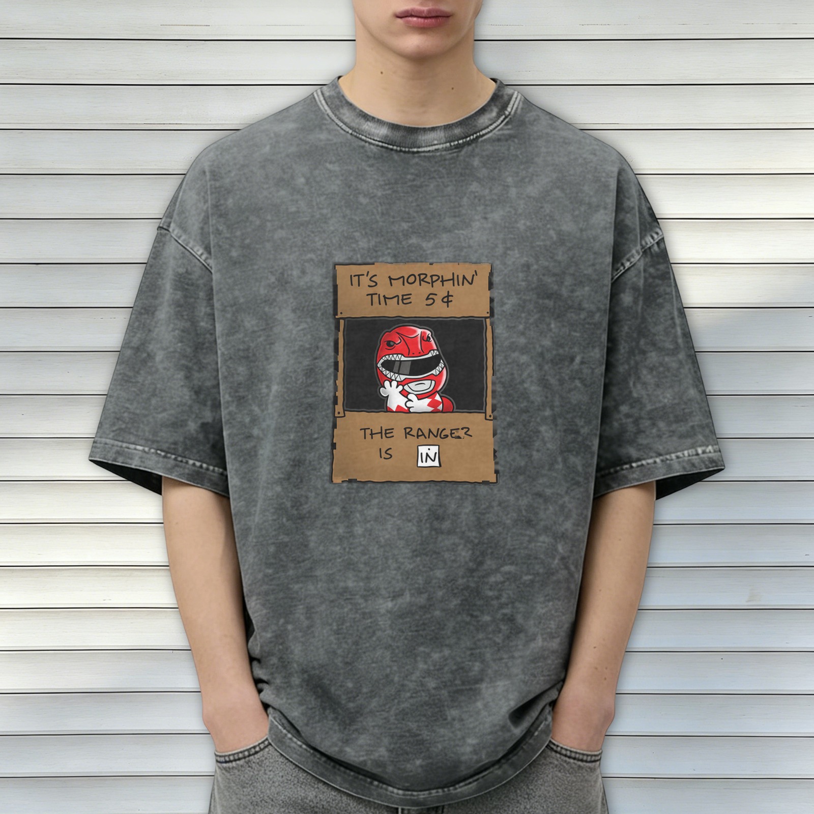 Oversized acid wash t-shirt with Power Rangers 'It's Morphin Time' graphic