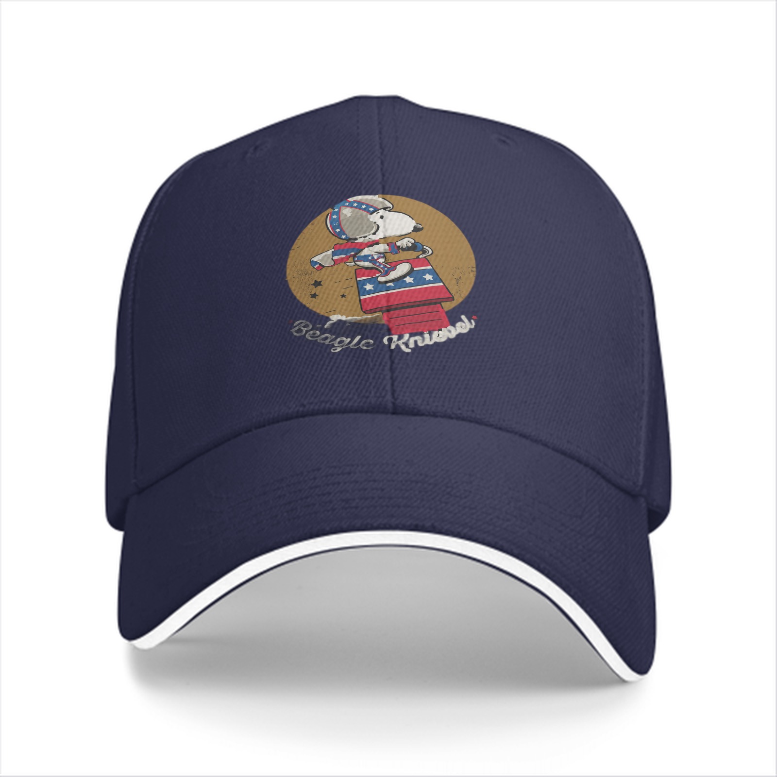 Black baseball cap with Snoopy Beagle Knievel stunt graphic