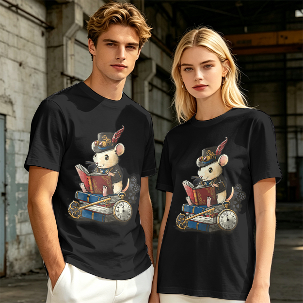 Steampunk mouse reading book graphic olive green t-shirt