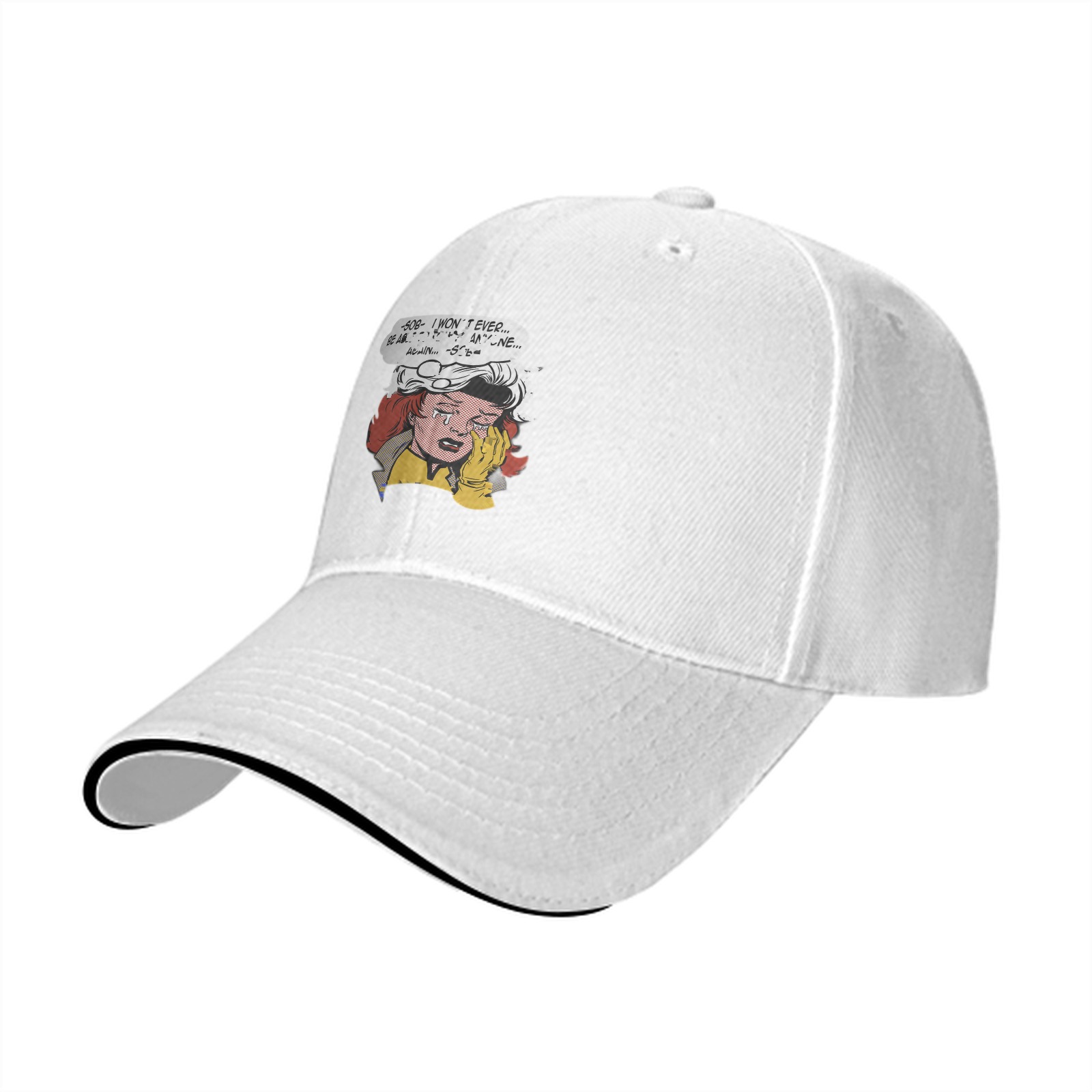 Black baseball cap with crying comic character print