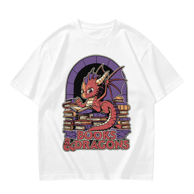 Olive t-shirt with cute red dragon reading books graphic