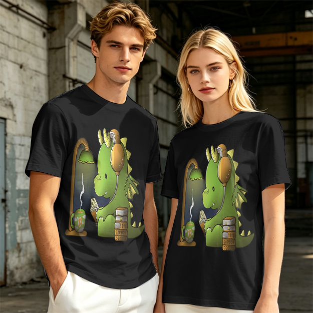 Olive T-Shirt with Cute Dragon Reading and Wearing Headphones