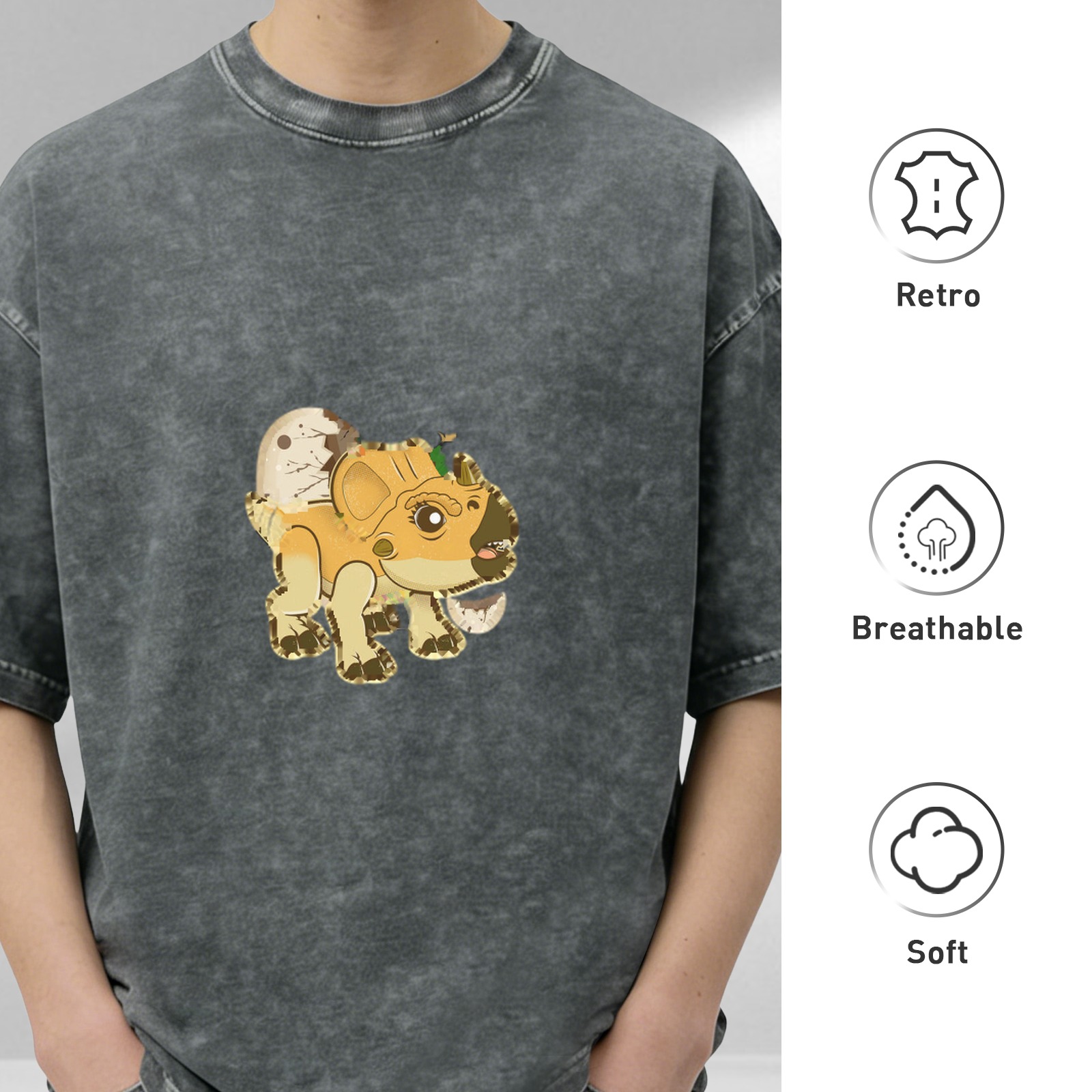 Washed Black T-Shirt With Cute Baby Triceratops Dinosaur Graphic