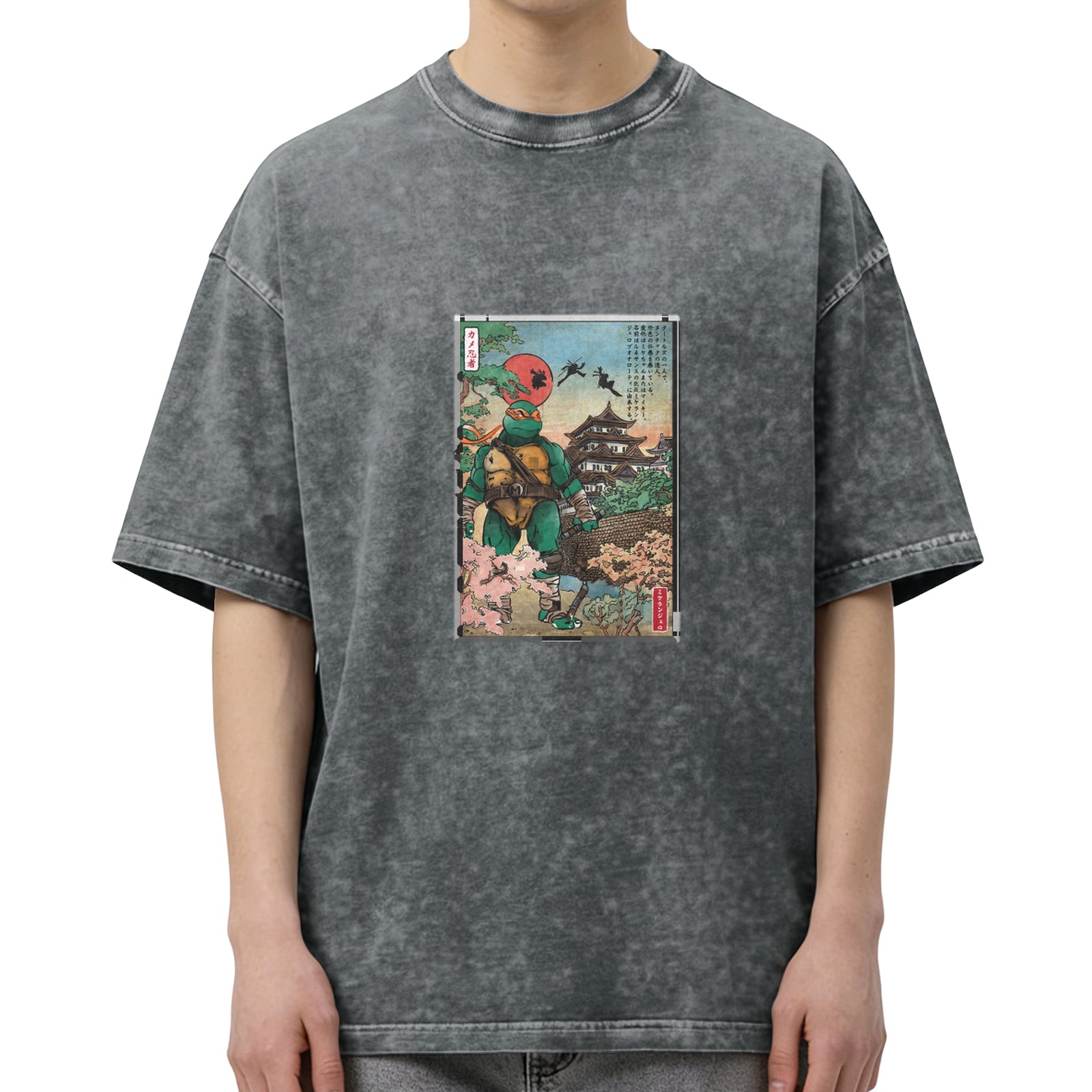 Washed black t-shirt with ninja turtle ukiyo-e style graphic