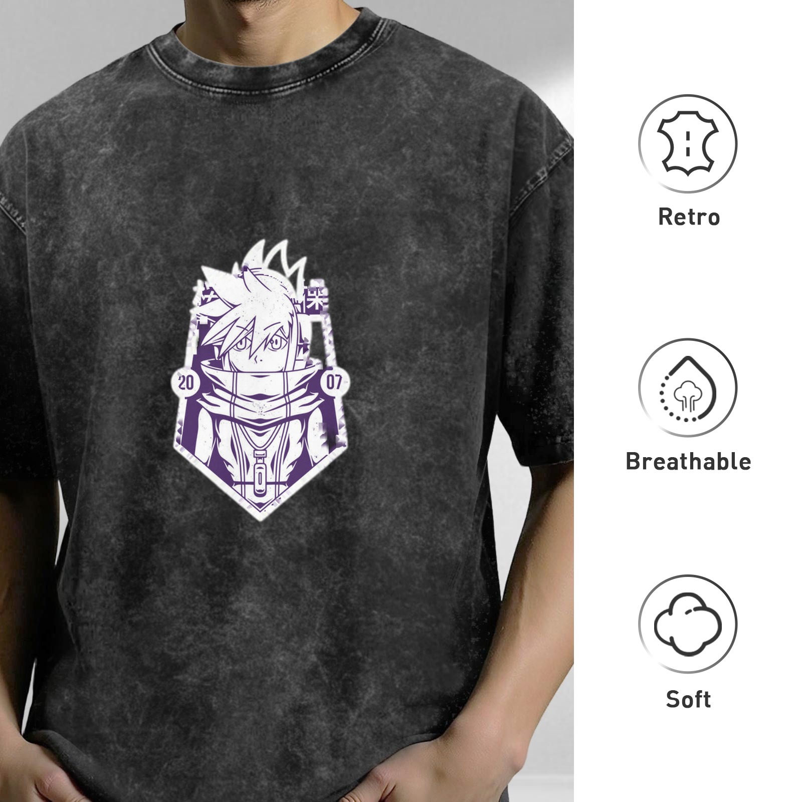 Oversized Acid Wash T-Shirt with Anime Character Graphic