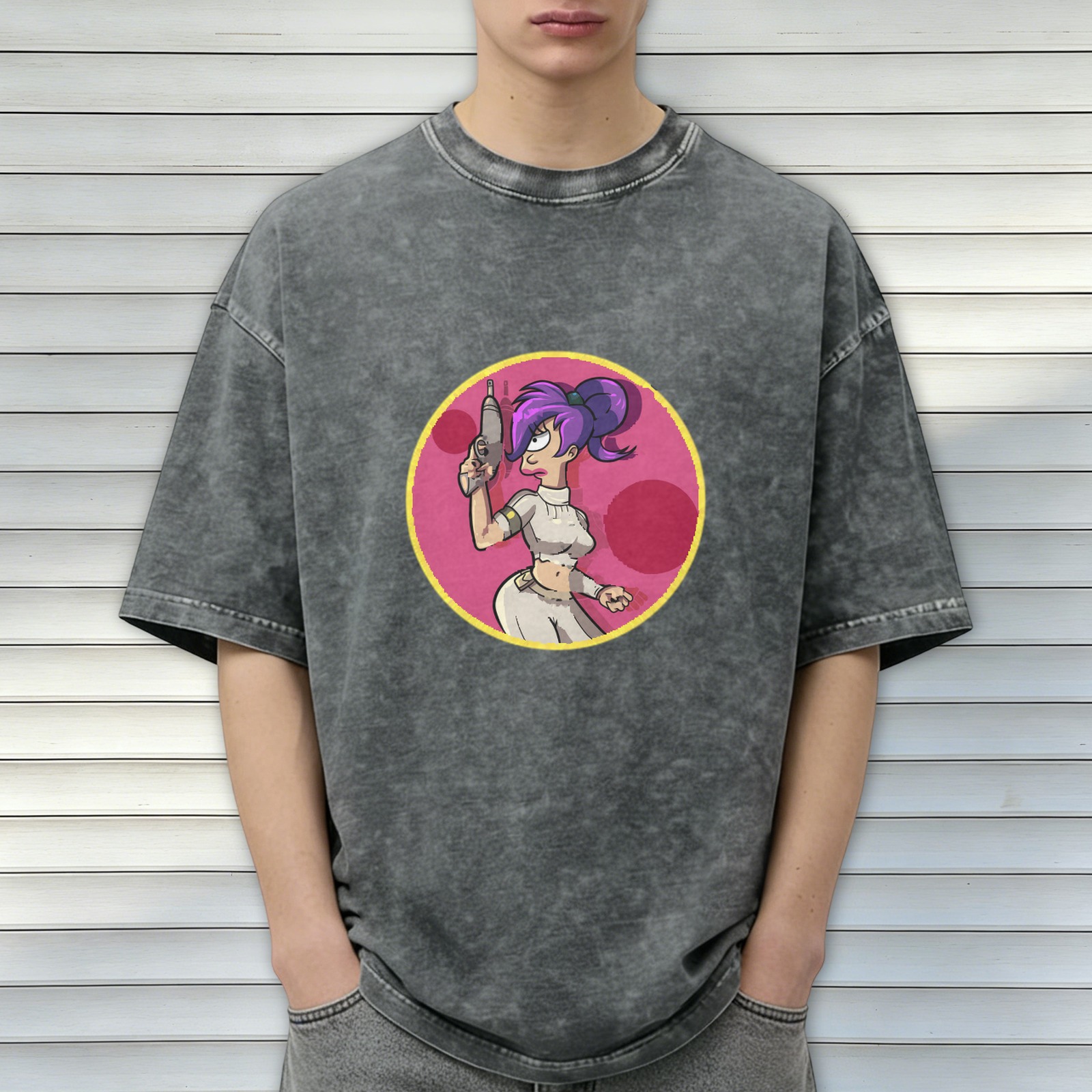 Washed black graphic tee with futuristic space character print