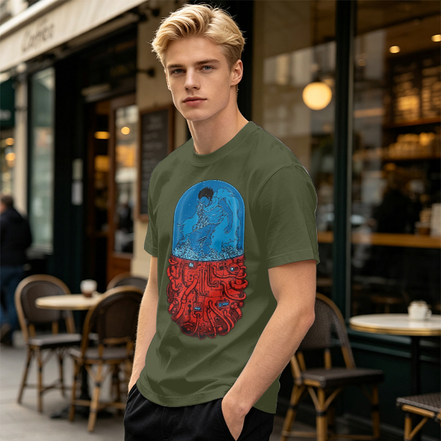 Olive T-Shirt With Surreal Capsule Water Figure Graphic