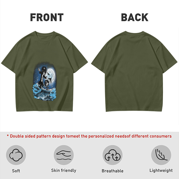 Olive T-Shirt With Gothic Moonlit Water Creature Graphic Print