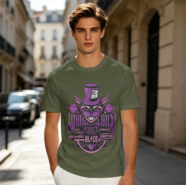Olive T-Shirt with Wonderland Cheshire Cat Mad Hatter Print
