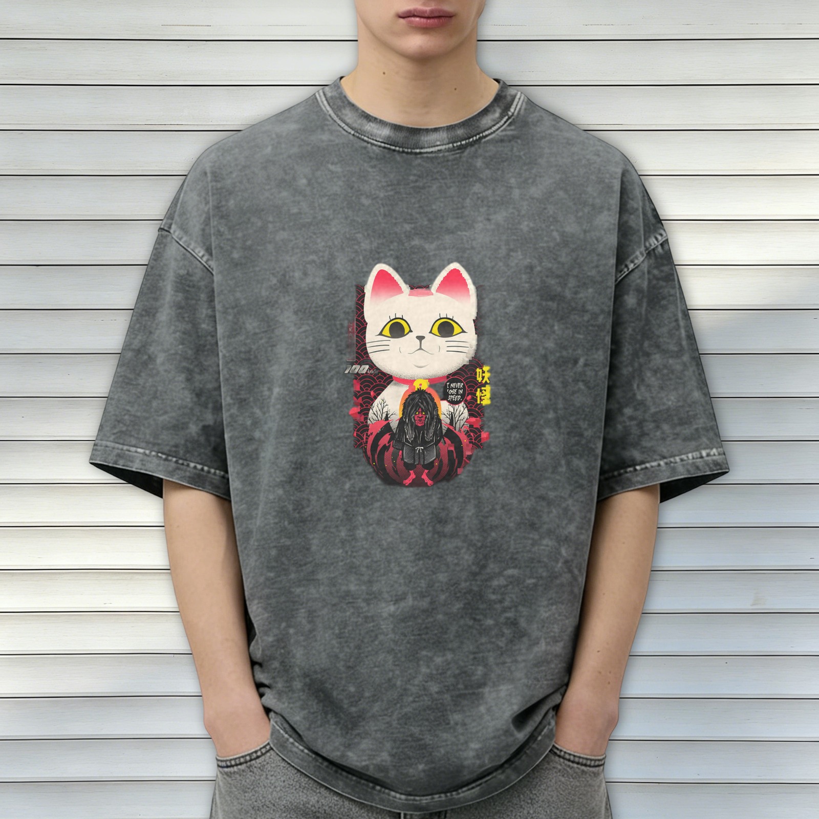Washed black graphic t-shirt with maneki-neko and yokai design