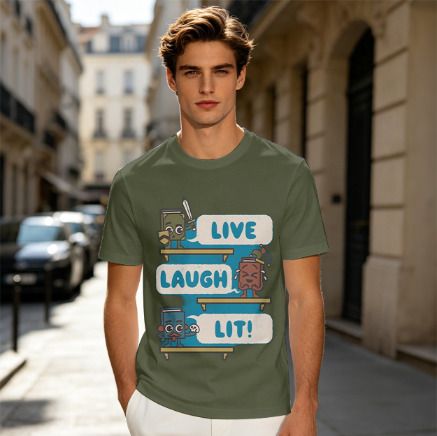 Olive T-Shirt With Cartoon Books 'Live Laugh Lit' Graphic