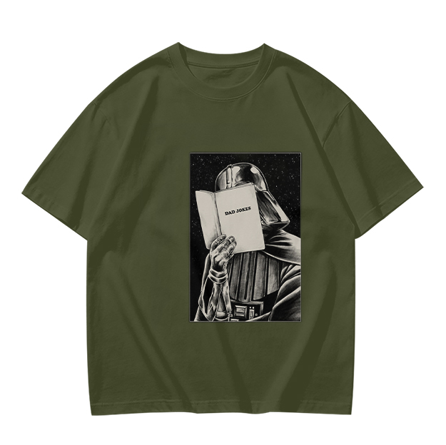 Olive T-shirt with Darth Vader reading a book graphic