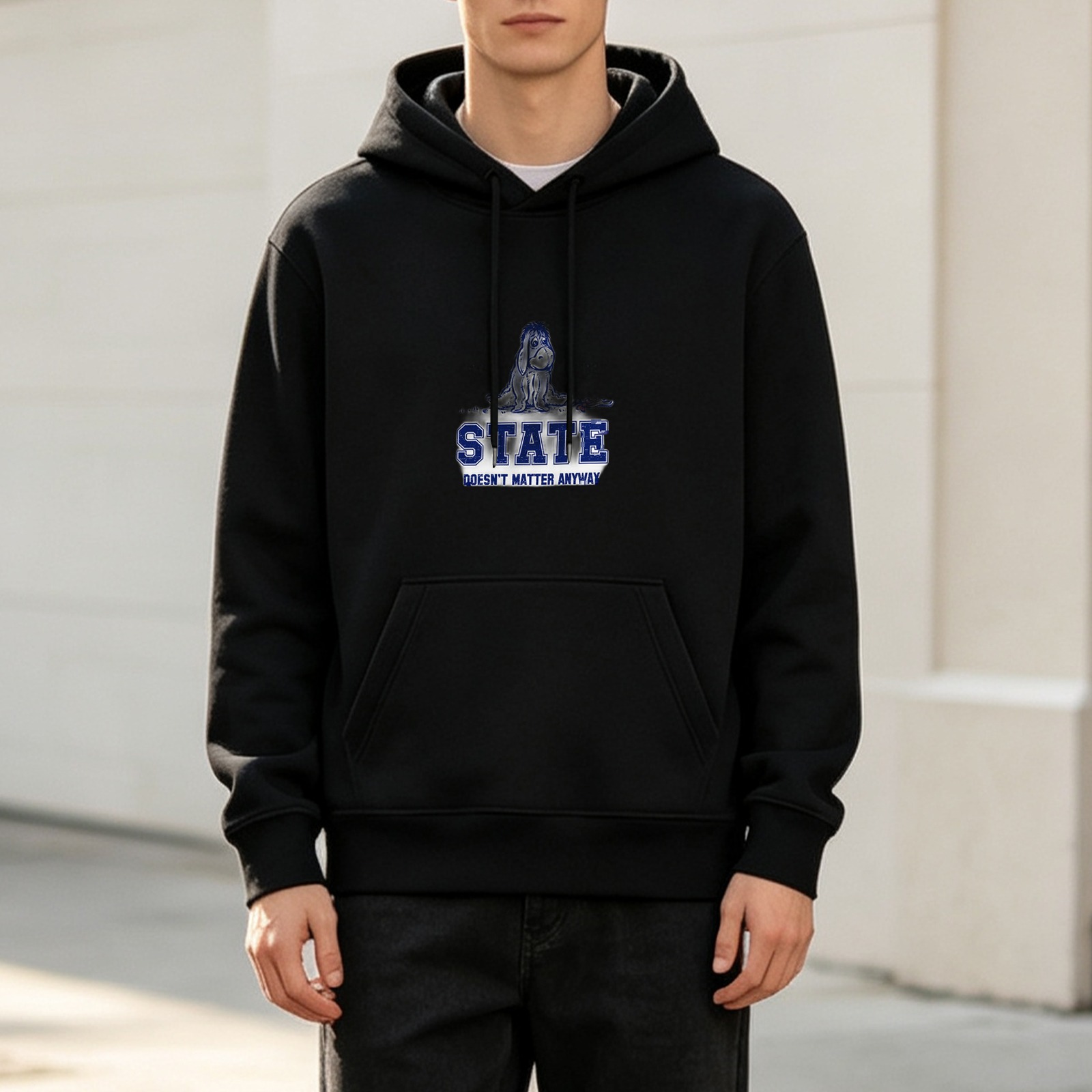 Black hoodie with 'STATE DOESN'T MATTER ANYWAY' and dog graphic