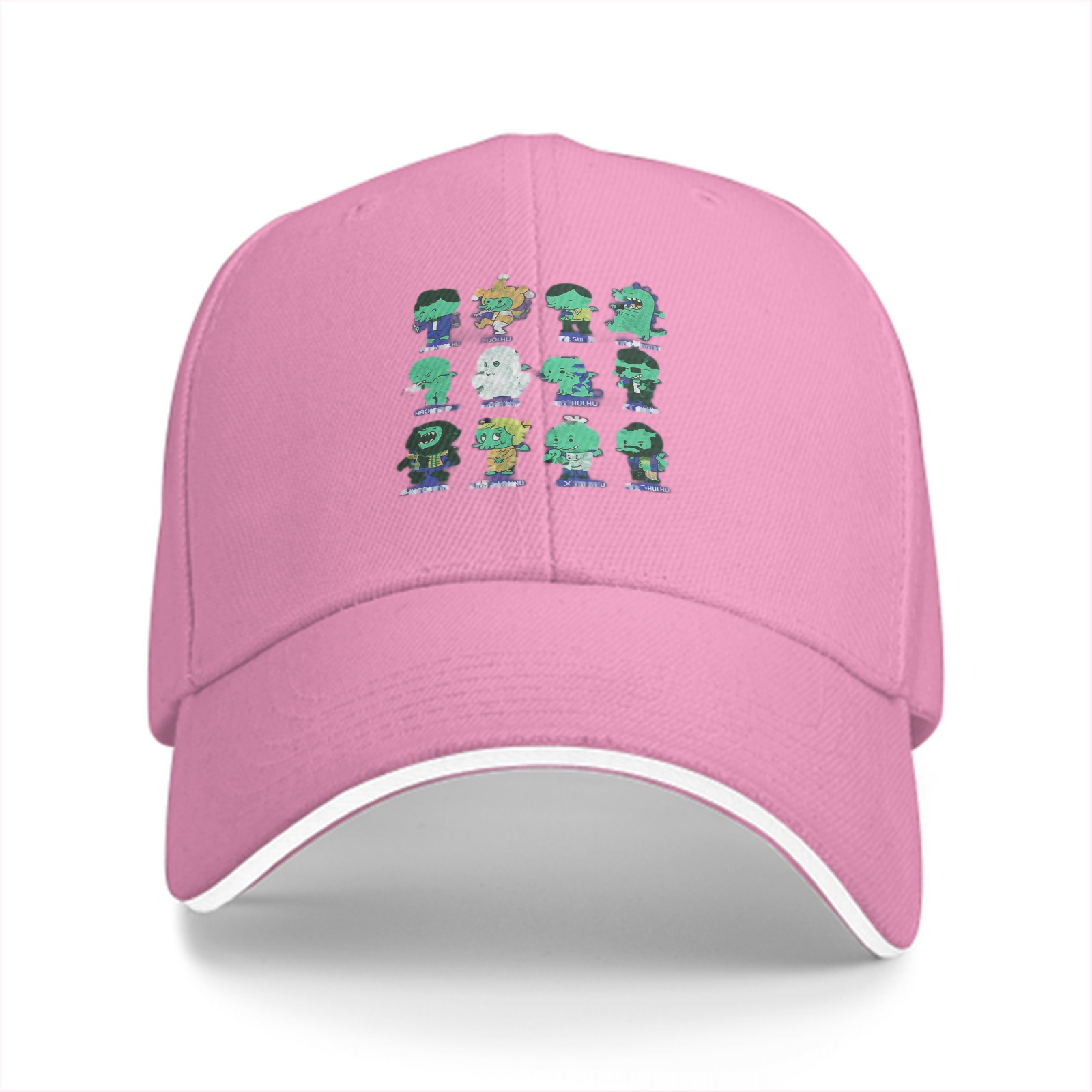 Black baseball cap with cute monster character grid print
