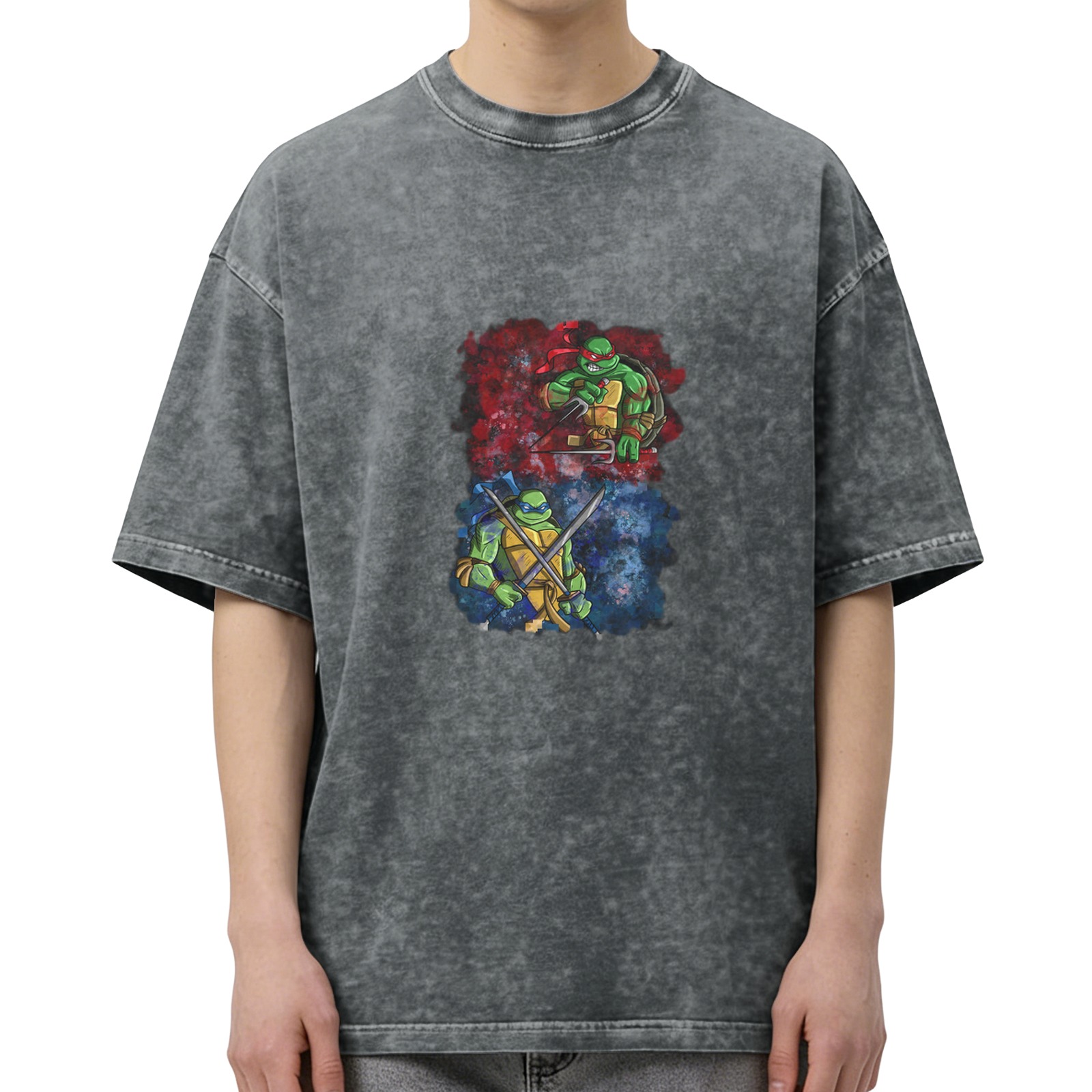 Washed Black Oversized T-Shirt with Teenage Mutant Ninja Turtles Graphic