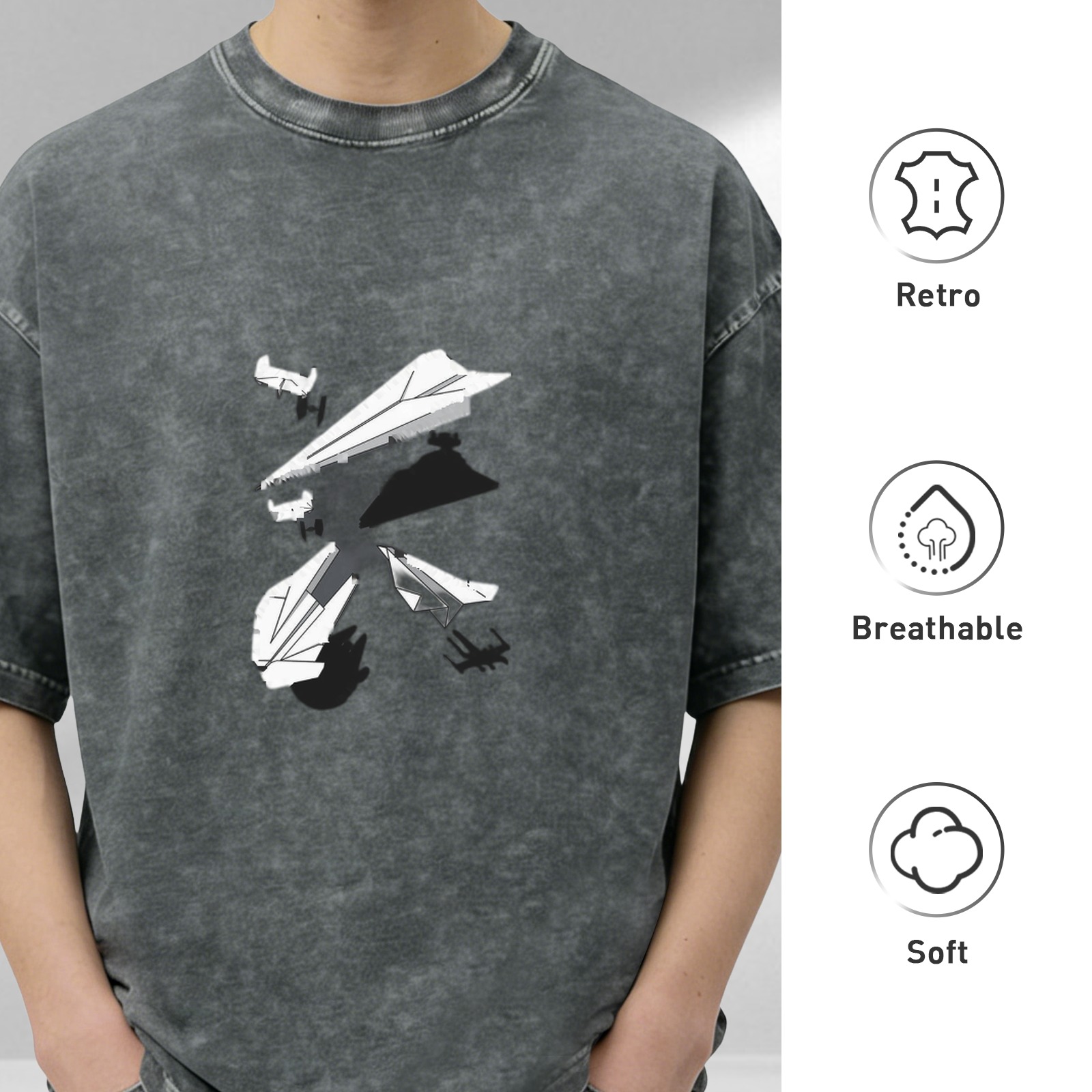 Oversized Acid Wash T-Shirt with Broken Paper Plane Graphic Print
